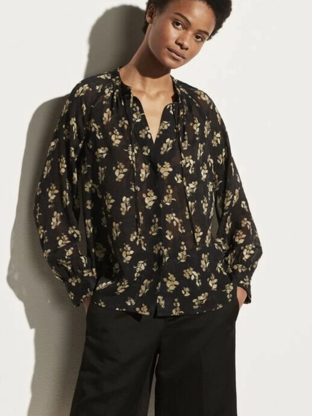 Vince Dandelion Poet Popover Blouse sheer black yellow size XL 100% silk